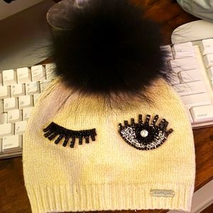 BariLynn Girl's Winking Eye Rib Knit Beanie w/ Fur Pompom